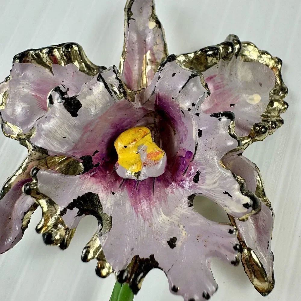 Vintage Floral Pink Purple Flower Orchid Painted Enamel Brooch Lightweight